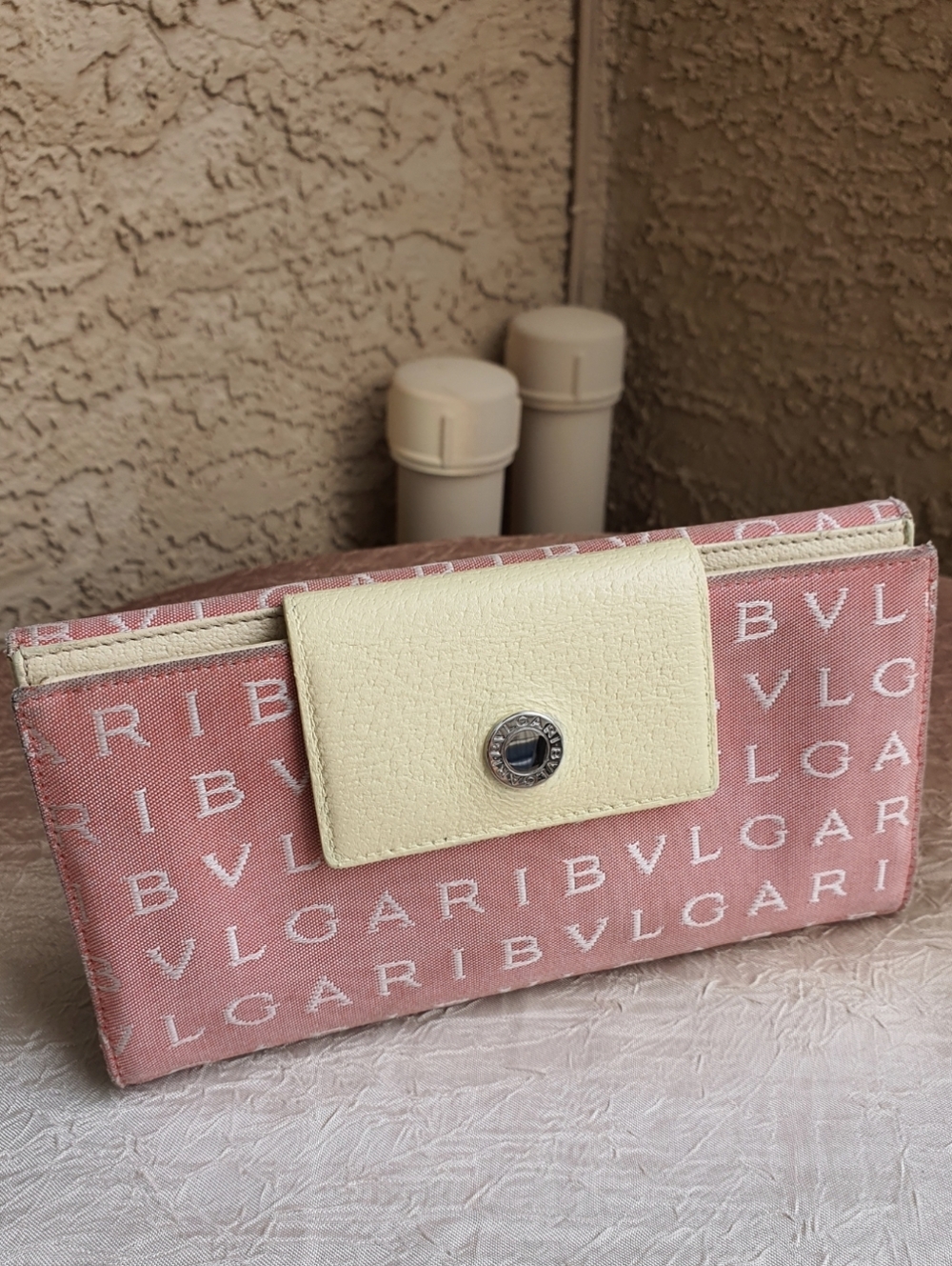 BVLGARI Logo Mania Pink Canvas/ Cream Leather Flap Snap Long Wallet Made n Italy